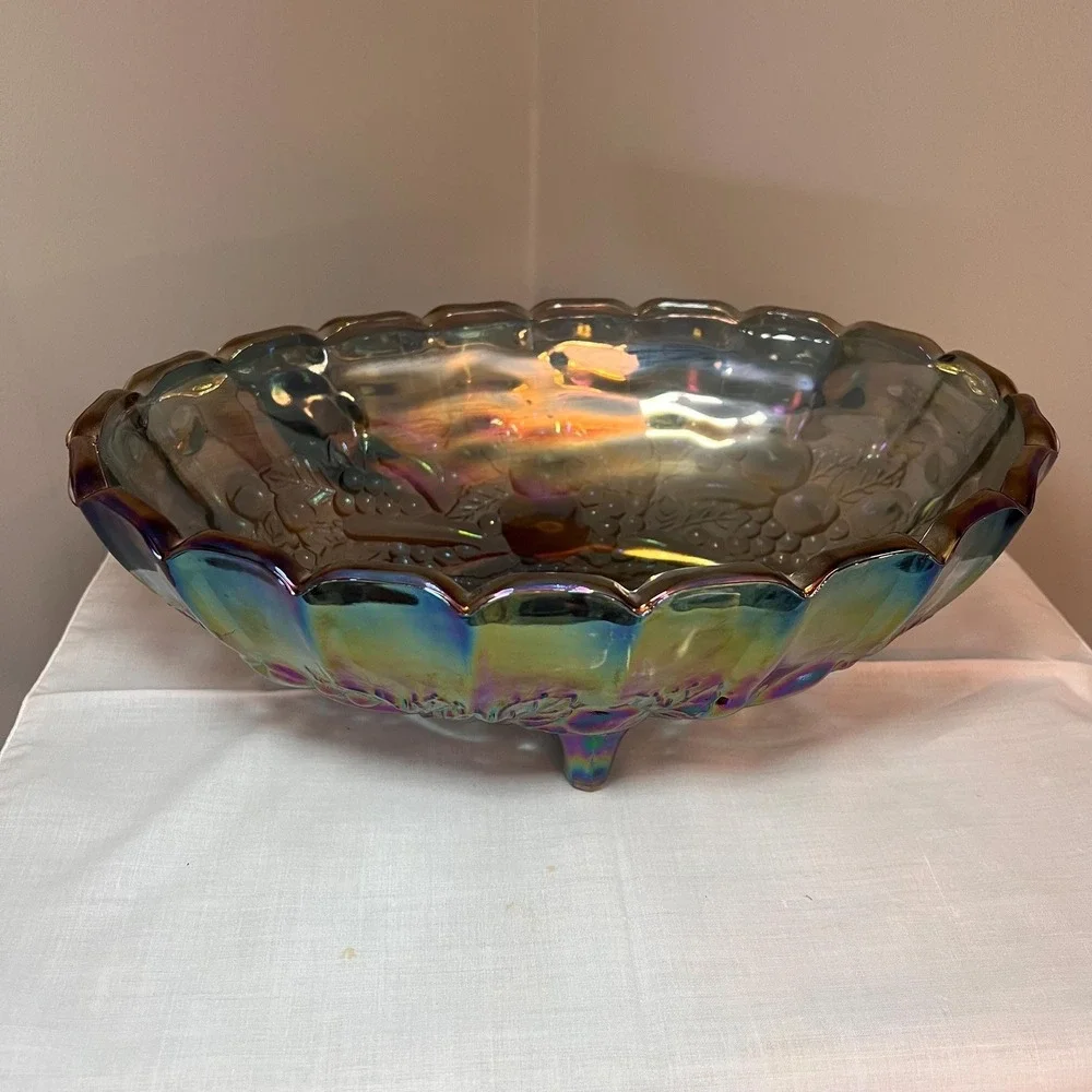 Vintage Carnival Glass Blue Iridescent Footed Fruit Bowl Harvest Pattern 12